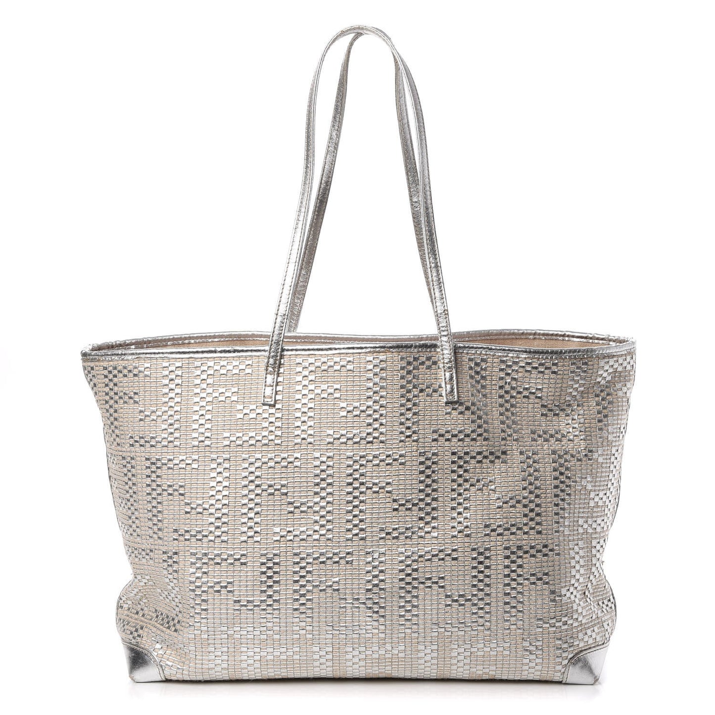 Canvas Metallic Calfskin Woven FF Roll Tote Silver