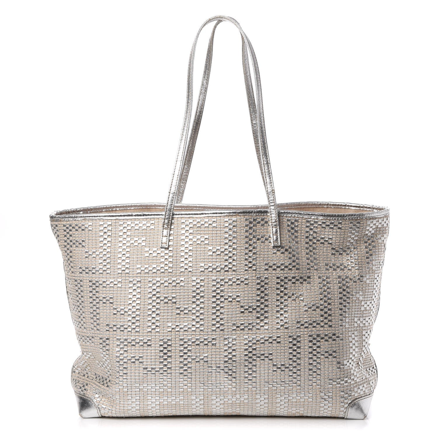 Fendi Canvas Metallic Calfskin Woven FF Roll Tote Silver 1 of 19