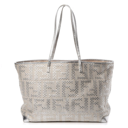 Fendi Canvas Metallic Calfskin Woven FF Roll Tote Silver 1 of 19