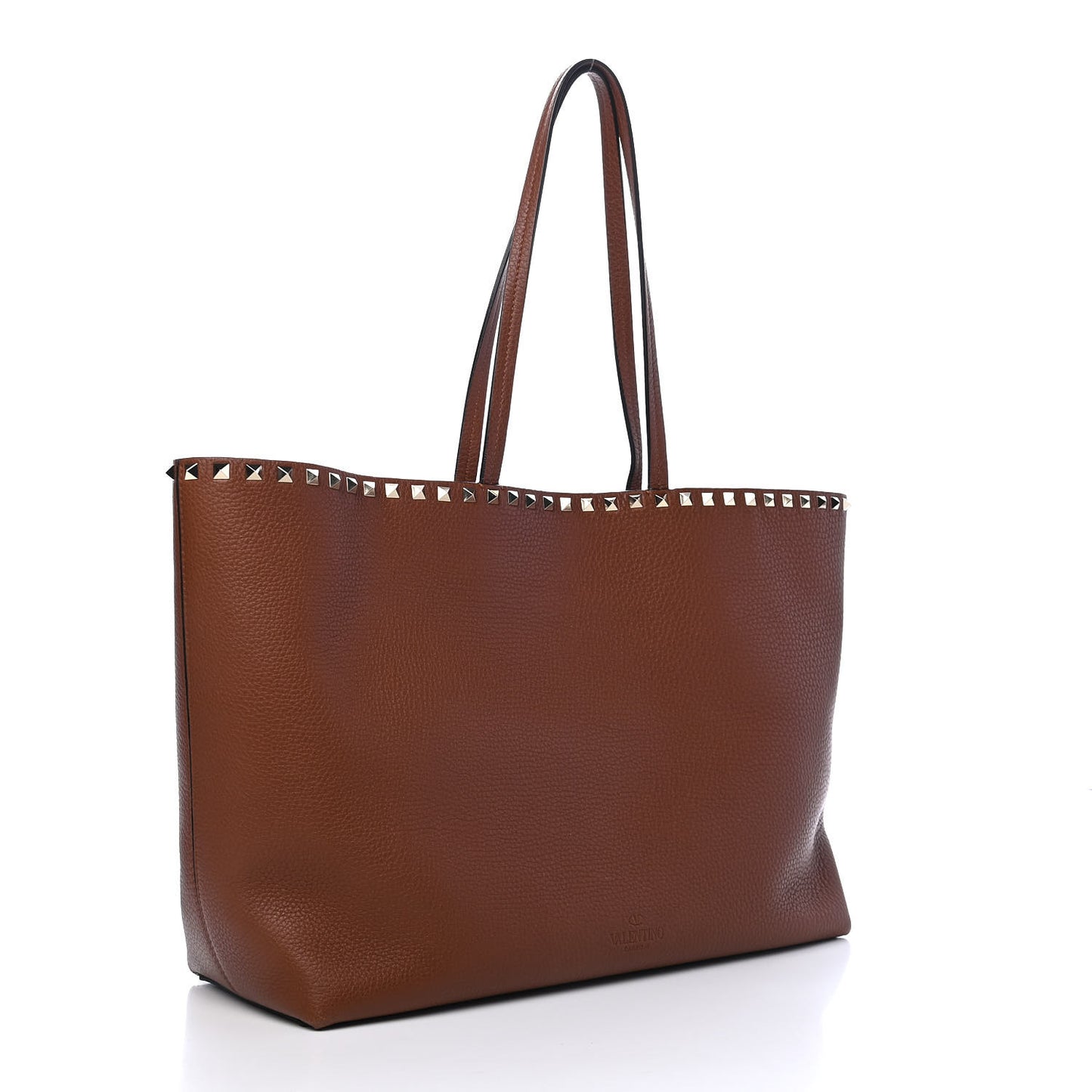 Grained Calfskin Rockstud Shoulder Tote Bright Cognac