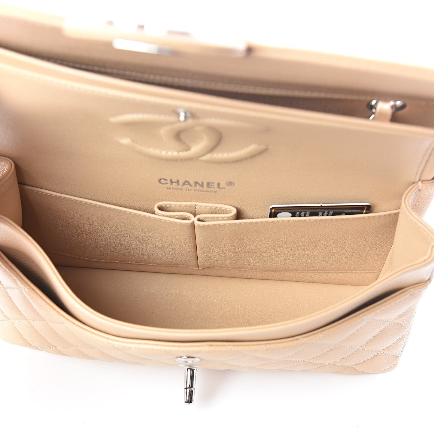 Caviar Quilted Medium Double Flap Beige