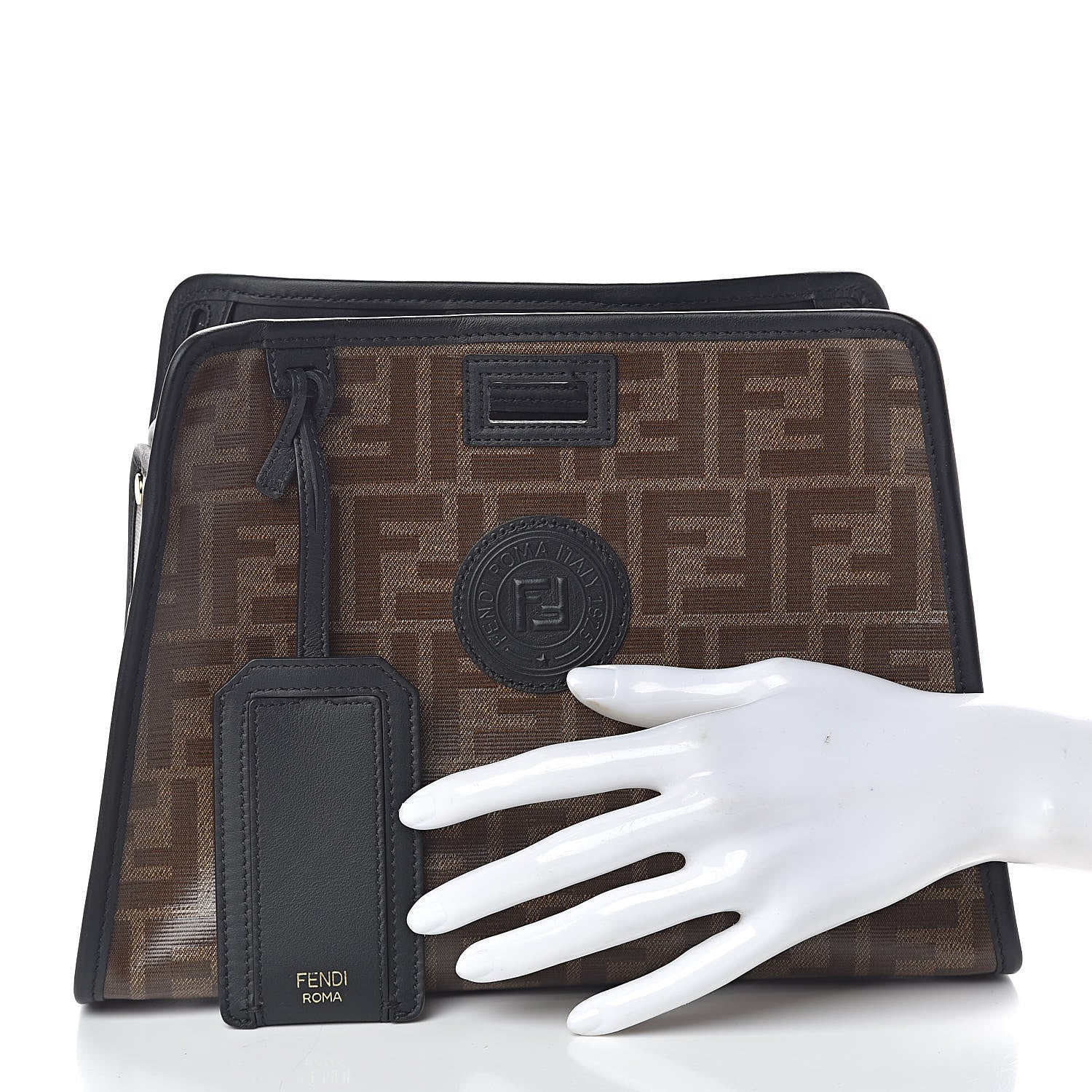 Fendi Glazed Fabric Vitello Century FF 1974 Stamp Patch Mini Peekaboo Defender Cover Mogano Panna Black 2 of 10