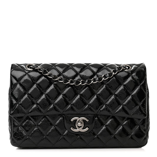 Distressed Patent Quilted Medium Double Flap Black