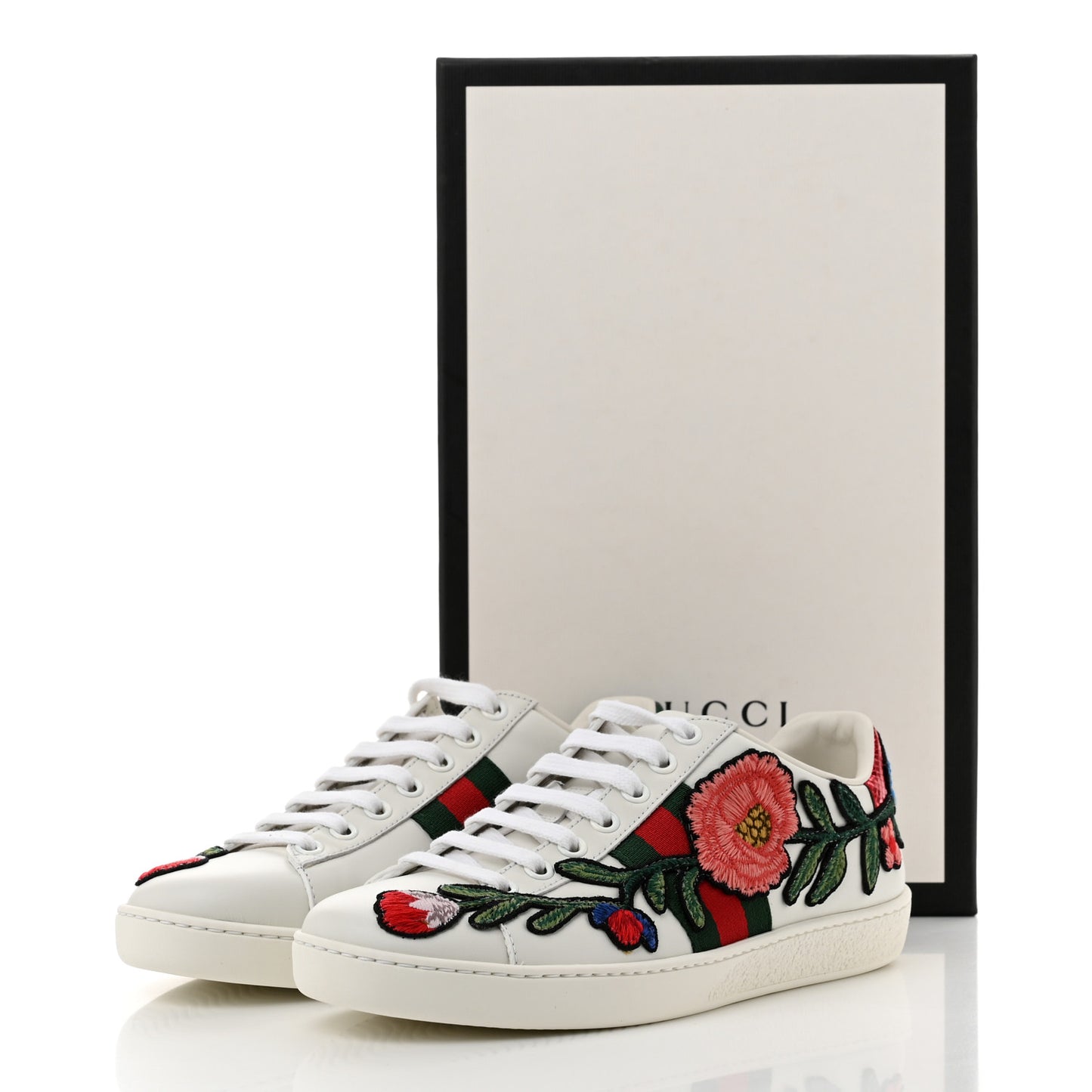 Calfskin Web Floral Embroidered Womens Ace Sneakers 35 White