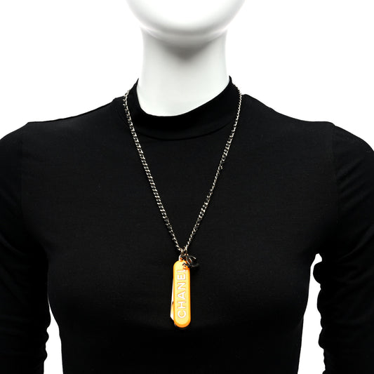 Metal Lambskin Chain CC Comb Necklace Gold Orange Black