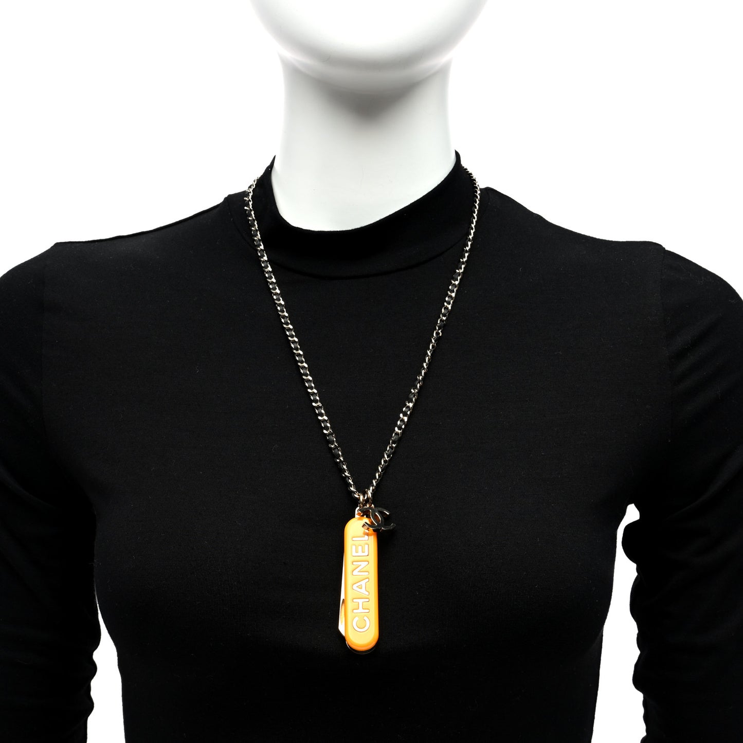Metal Lambskin Chain CC Comb Necklace Gold Orange Black