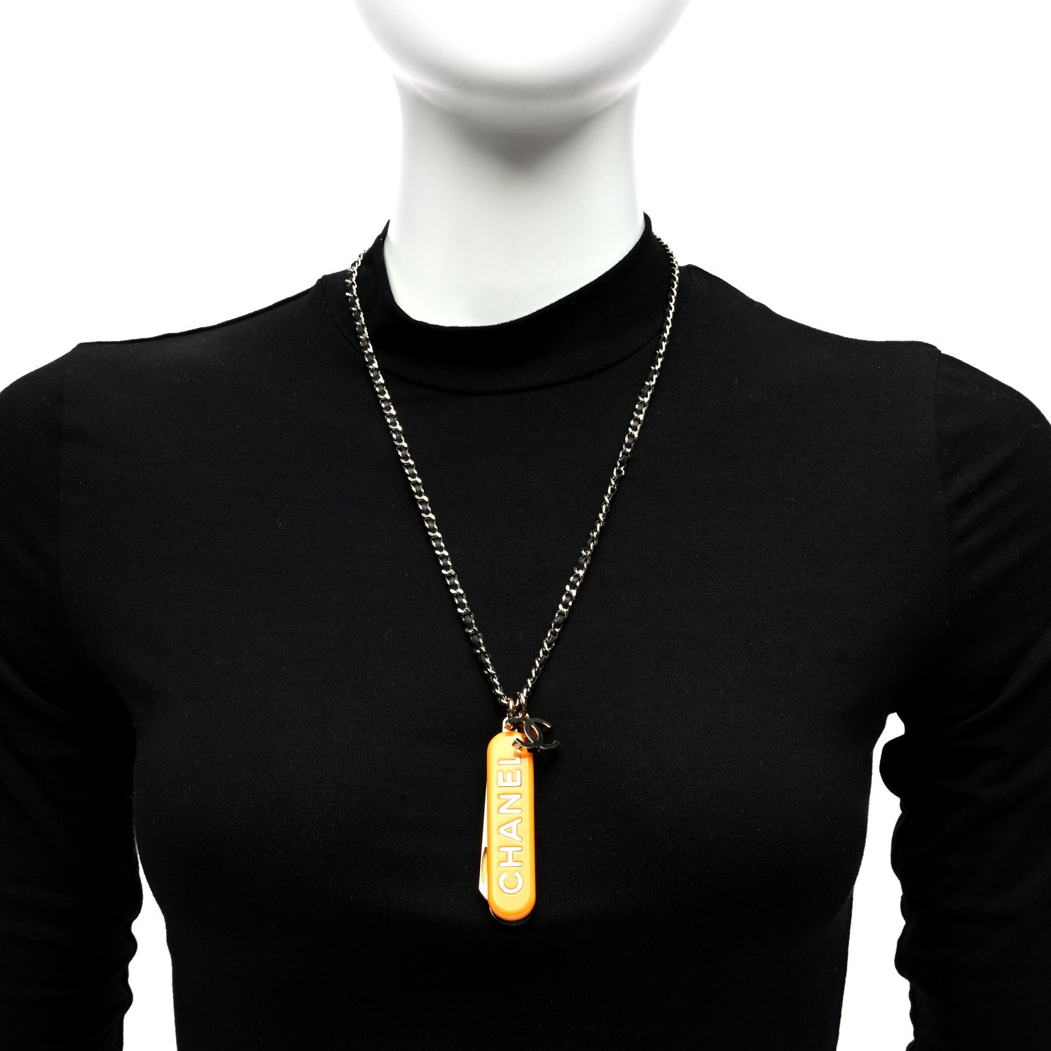 Chanel Metal Lambskin Chain CC Comb Necklace Gold Orange Black 2 of 7