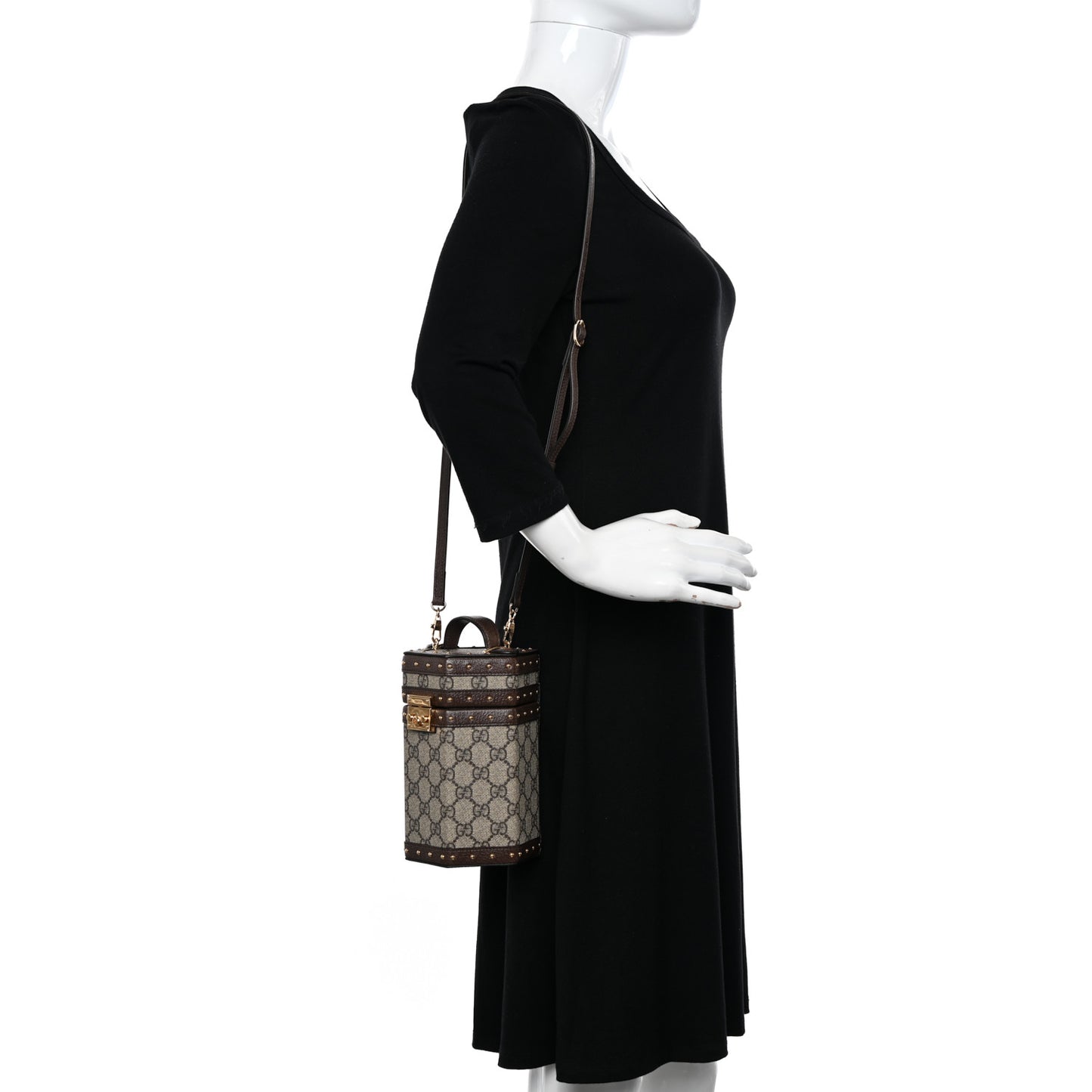 GG Supreme Monogram Textured Dollar Calfskin Studded Padlock Hexagon Top Handle Case Beige Ebony New Acero