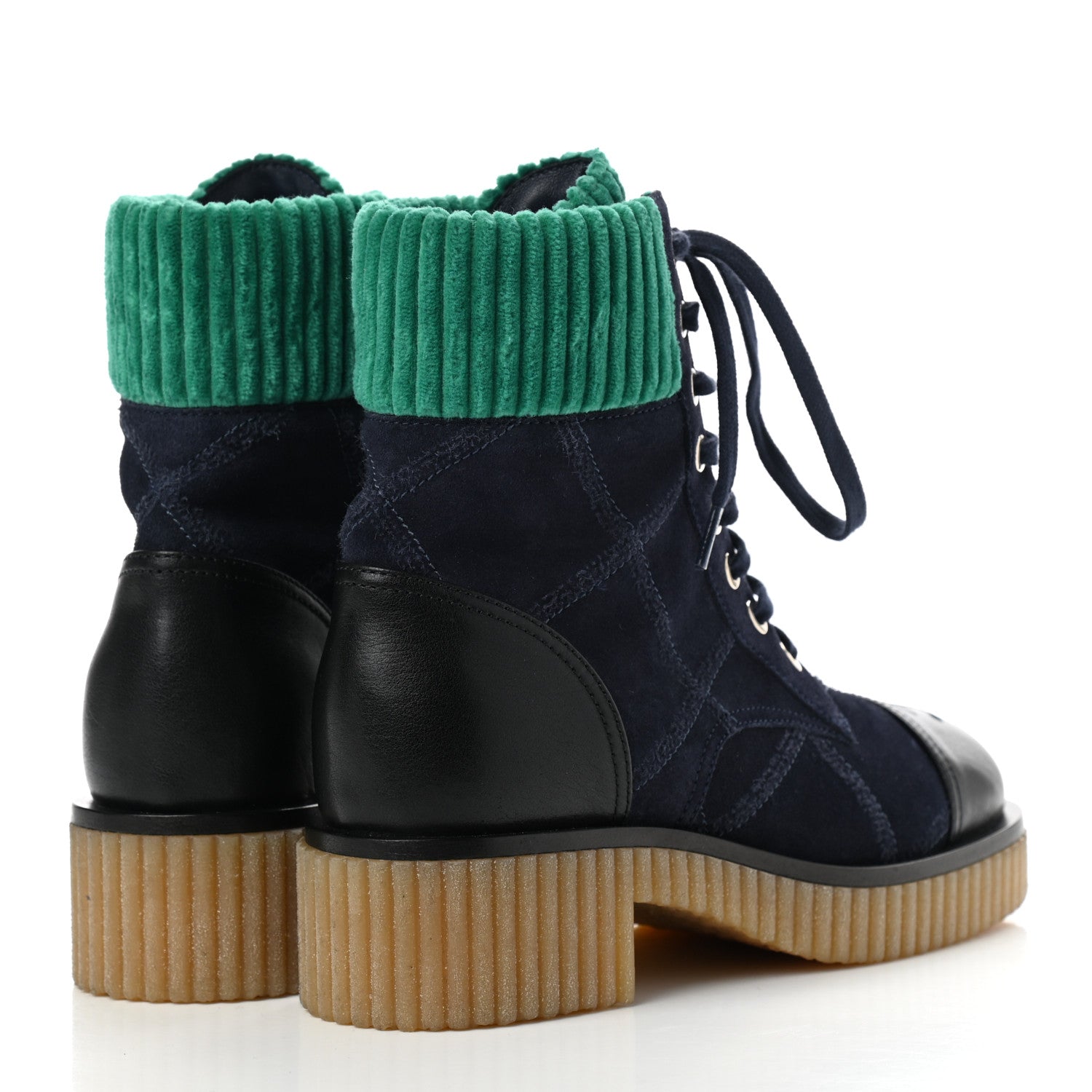 Chanel Suede Calfskin Velvet Quilted CC Combat Boots 35 Navy Green Black 4 of 10