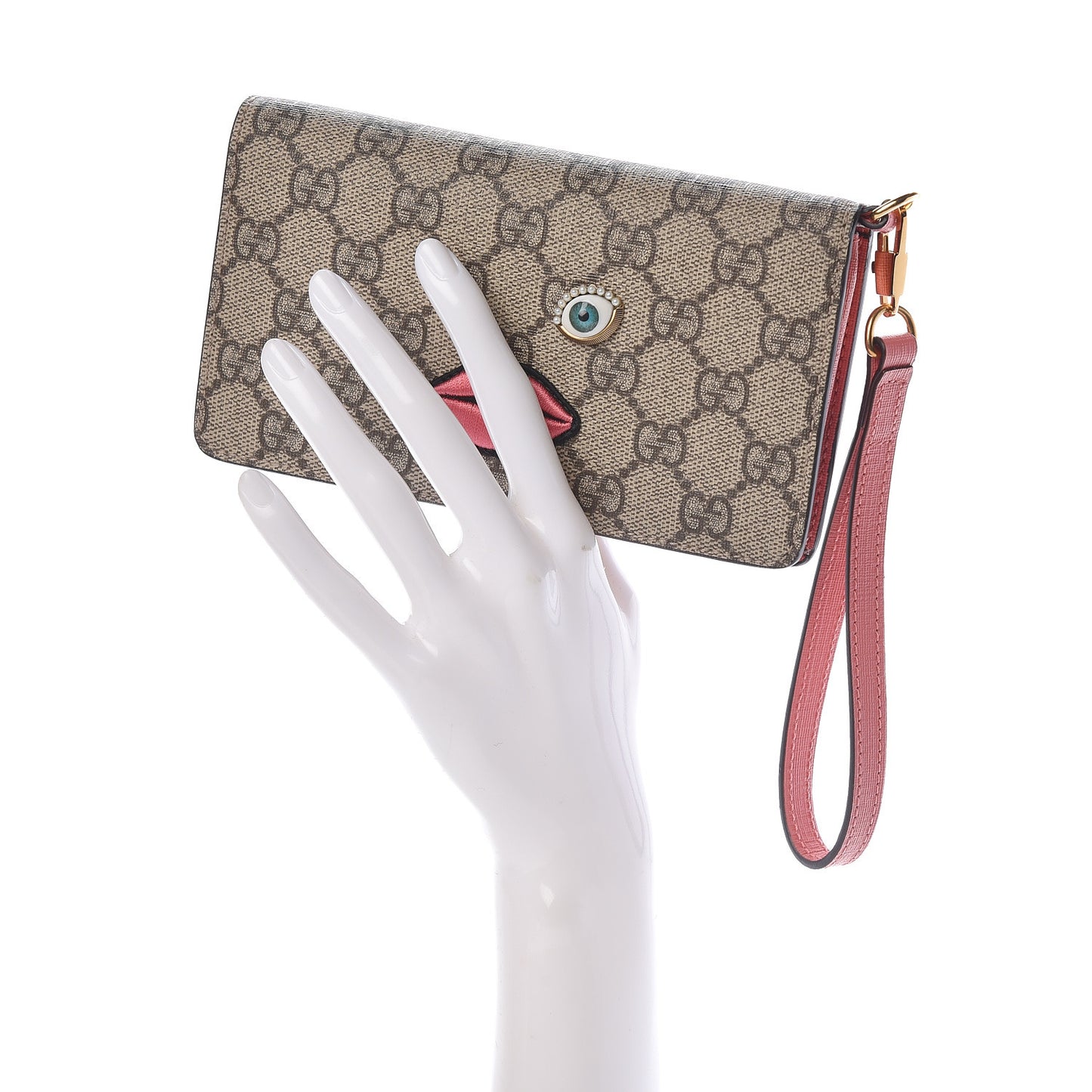 GG Supreme Monogram Embroidered Face iPhone 6 Case Wristlet Pink