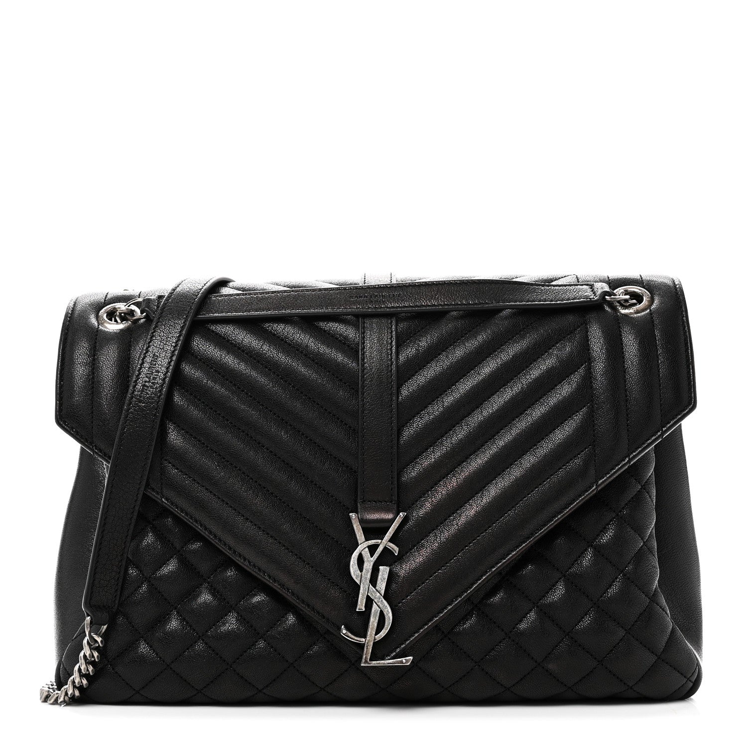Saint Laurent Calfskin Mixed Matelasse Triquilt Large Monogram Satchel Black 1 of 11