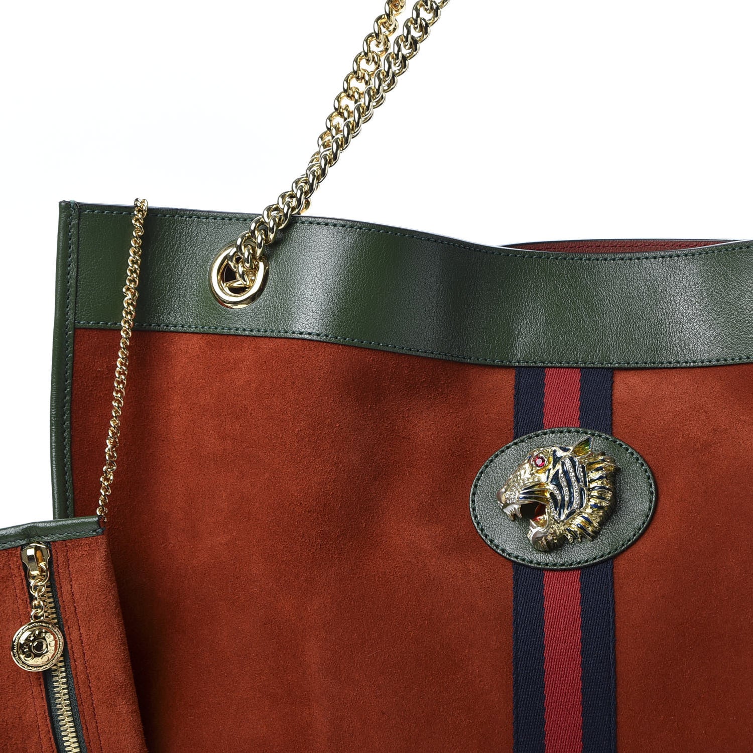 Gucci Suede Calfskin Large Rajah Chain Tote Hibiscus Red Green 9 of 10