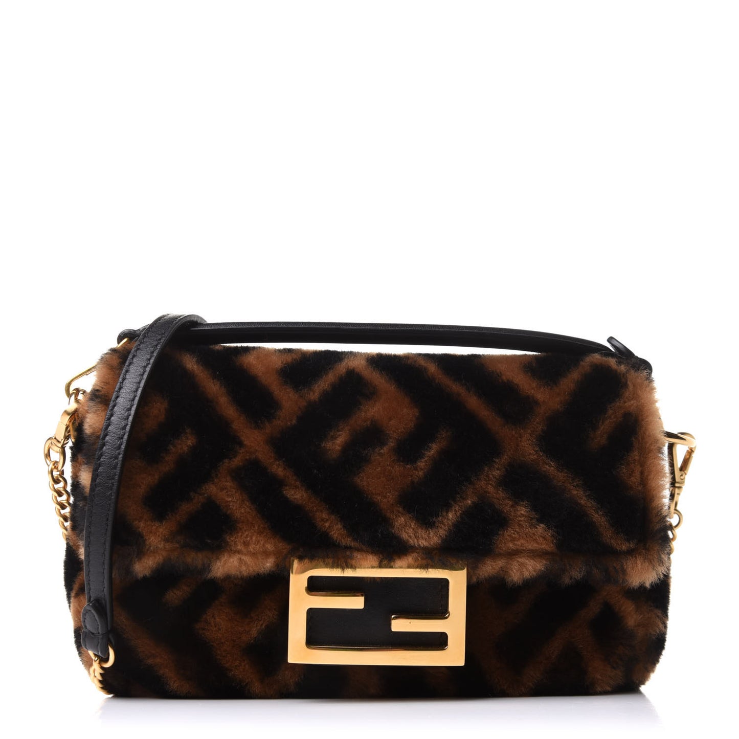 Shearling Vitello Dolce Macro FF 1974 Mini Baguette Tobacco Black