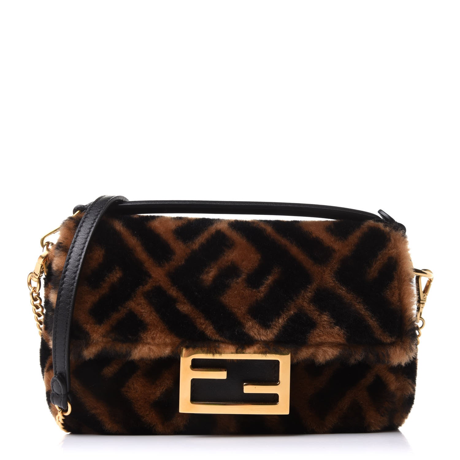 Fendi Shearling Vitello Dolce Macro FF 1974 Mini Baguette Tobacco Black 1 of 13