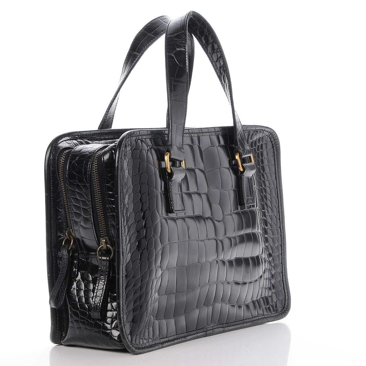 Shiny Calfskin Crocodile Embossed Double Zip Tote Black