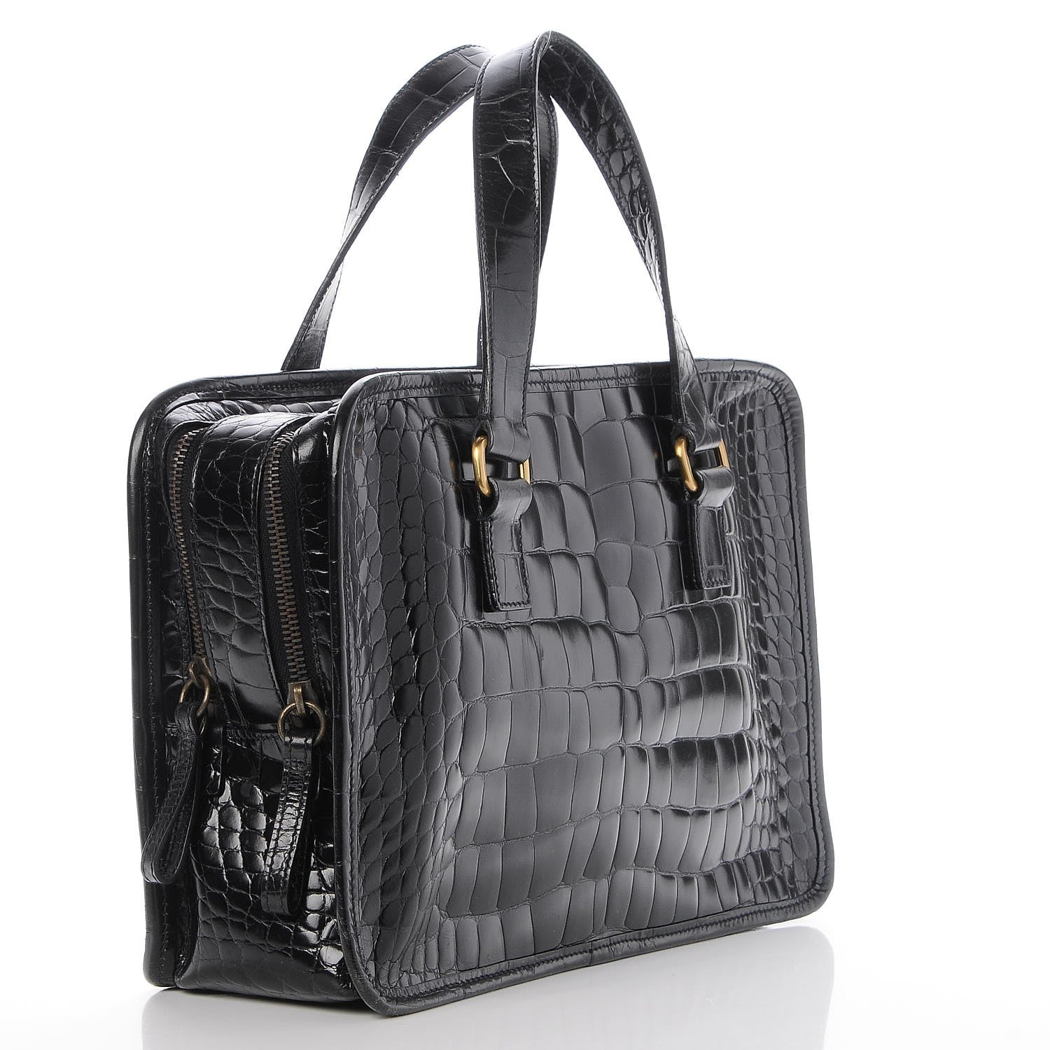 Prada Shiny Calfskin Crocodile Embossed Double Zip Tote Black 3 of 7