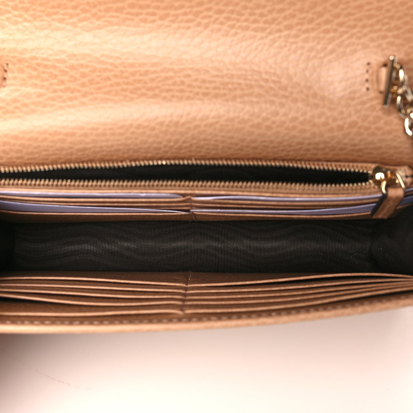 Dollar Calfskin Interlocking G Chain Wallet Camelia