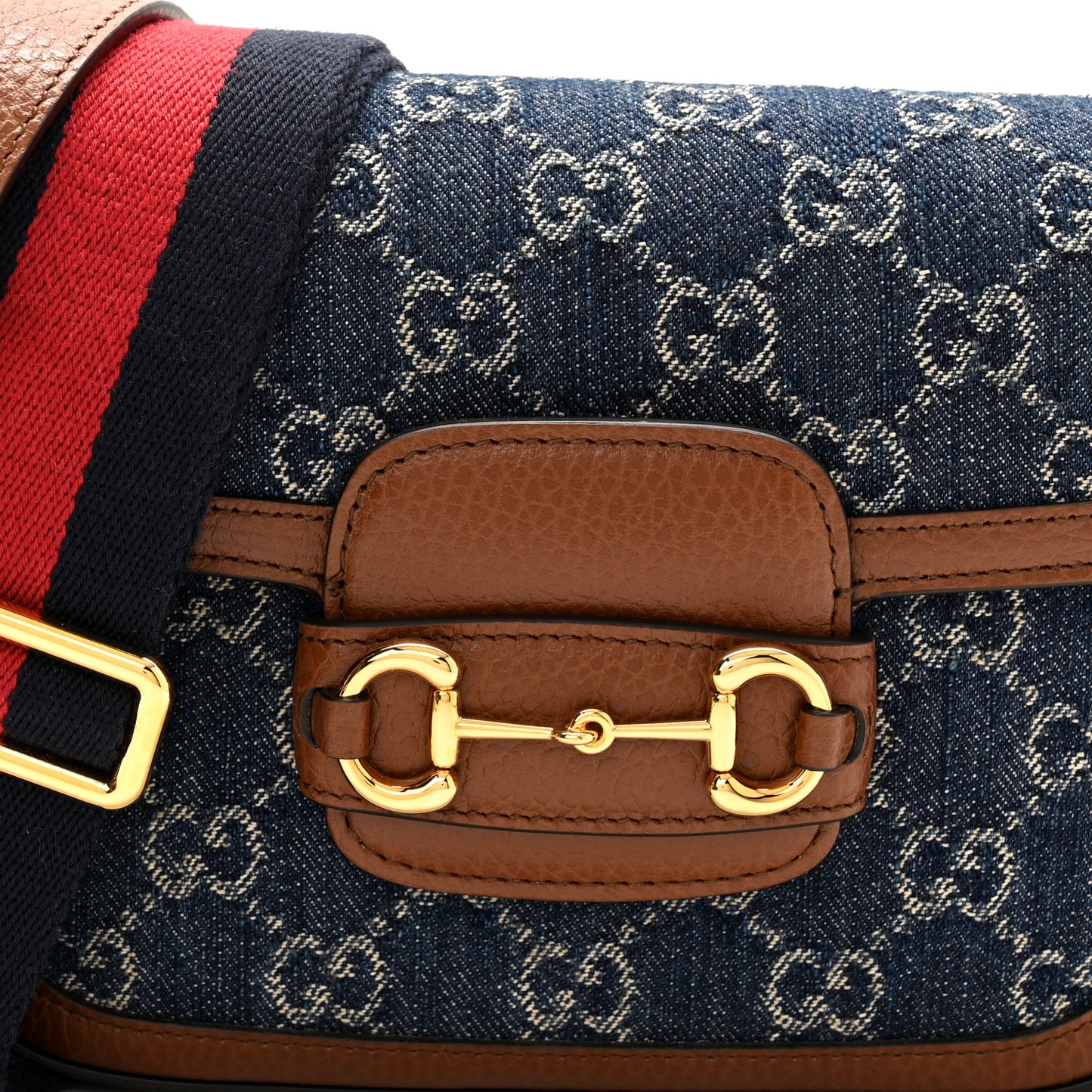 New Denim GG Monogram Dollar Calfskin Web Mini Horsebit 1955 Shoulder Bag Blue Tea Cuir Epilog