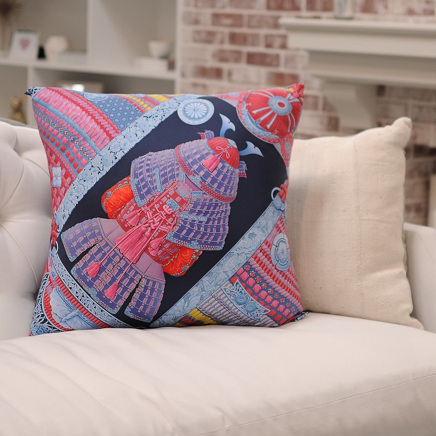 Cotton Silk Samouraïs Decorative Pillow Marine Rose Bleu Glacier