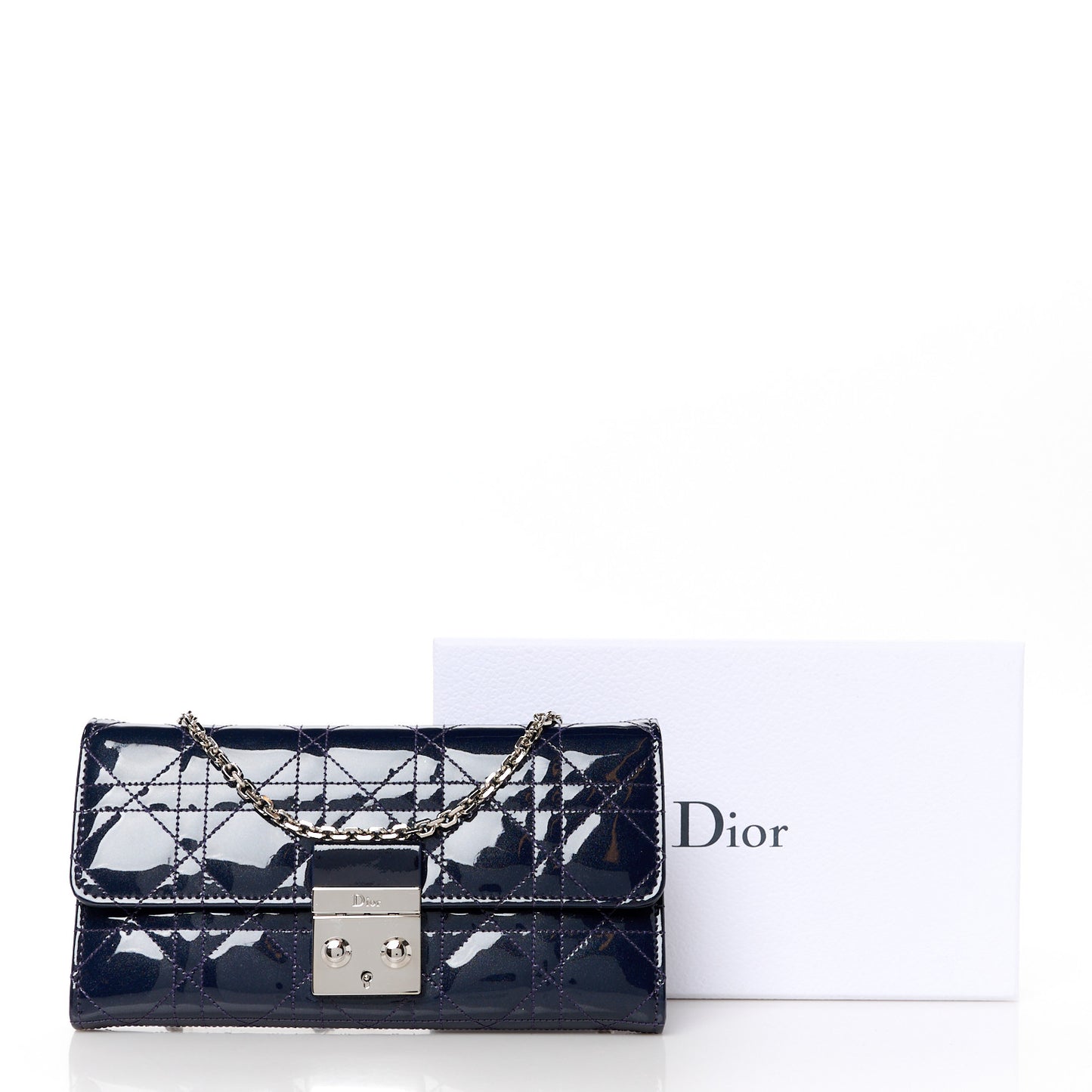 Patent Cannage Miss Dior Chain Wallet Blue Nuit