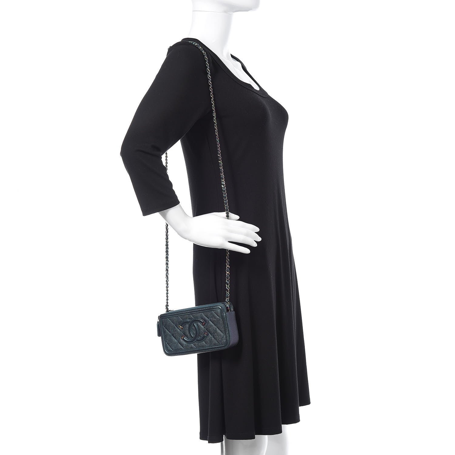 Chanel Iridescent Caviar Quilted CC Filigree Clutch With Chain Dark Turquoise 2 of 13