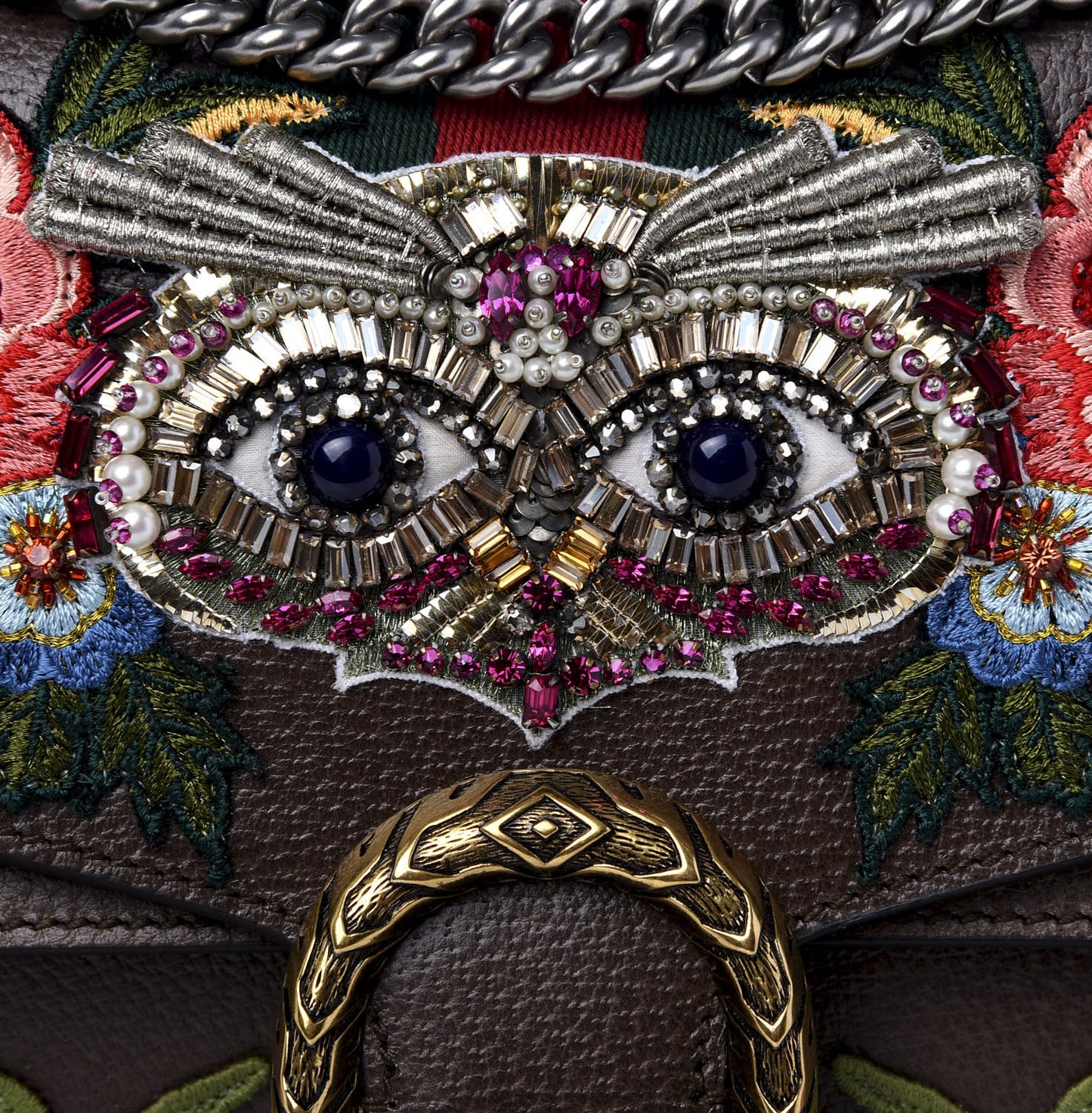 Calfskin Web Owl Embroidered Medium Dionysus Shoulder Bag New Acero Multicolor