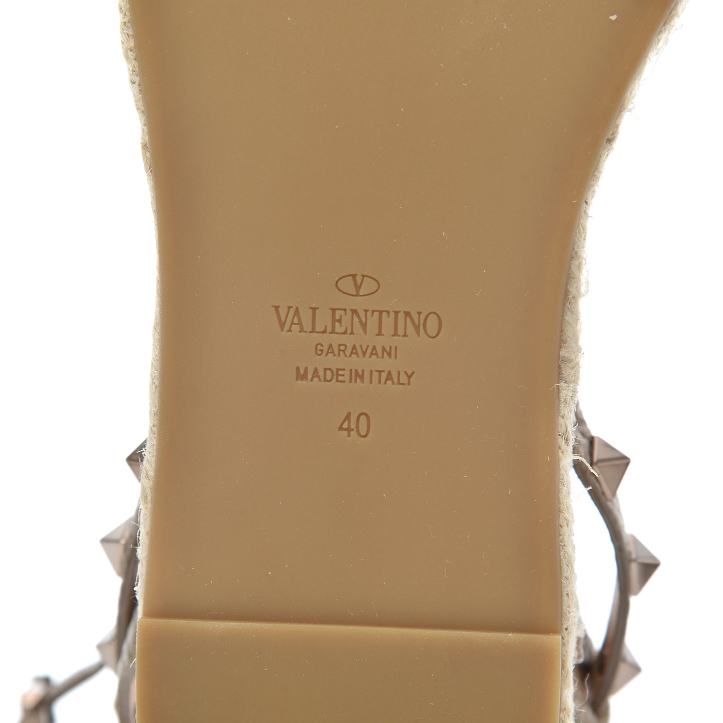 Metallic Calfskin Rockstud Ankle Strap Espadrille Flat Sandals 40 Skin