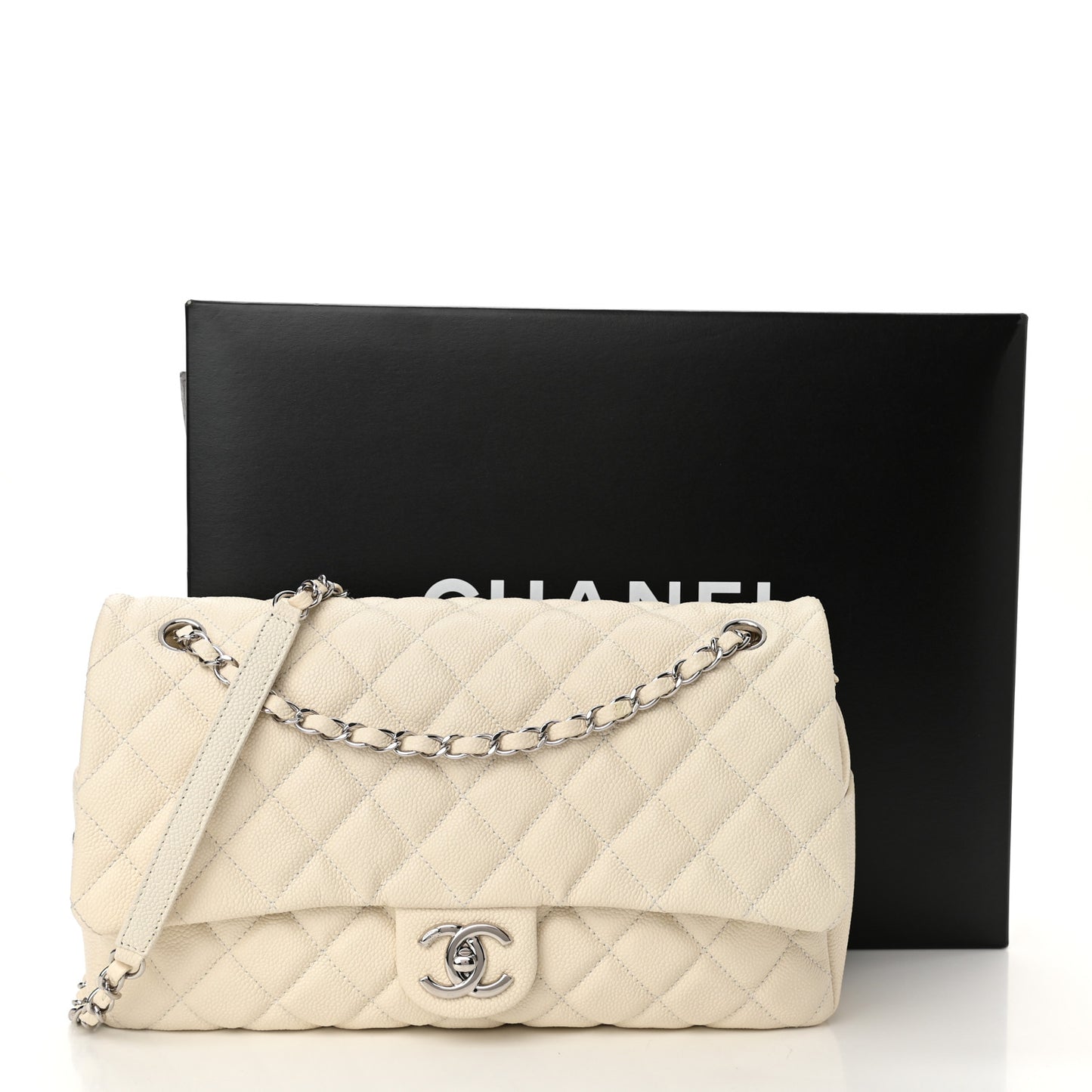Caviar Quilted Jumbo Easy Flap Dark White