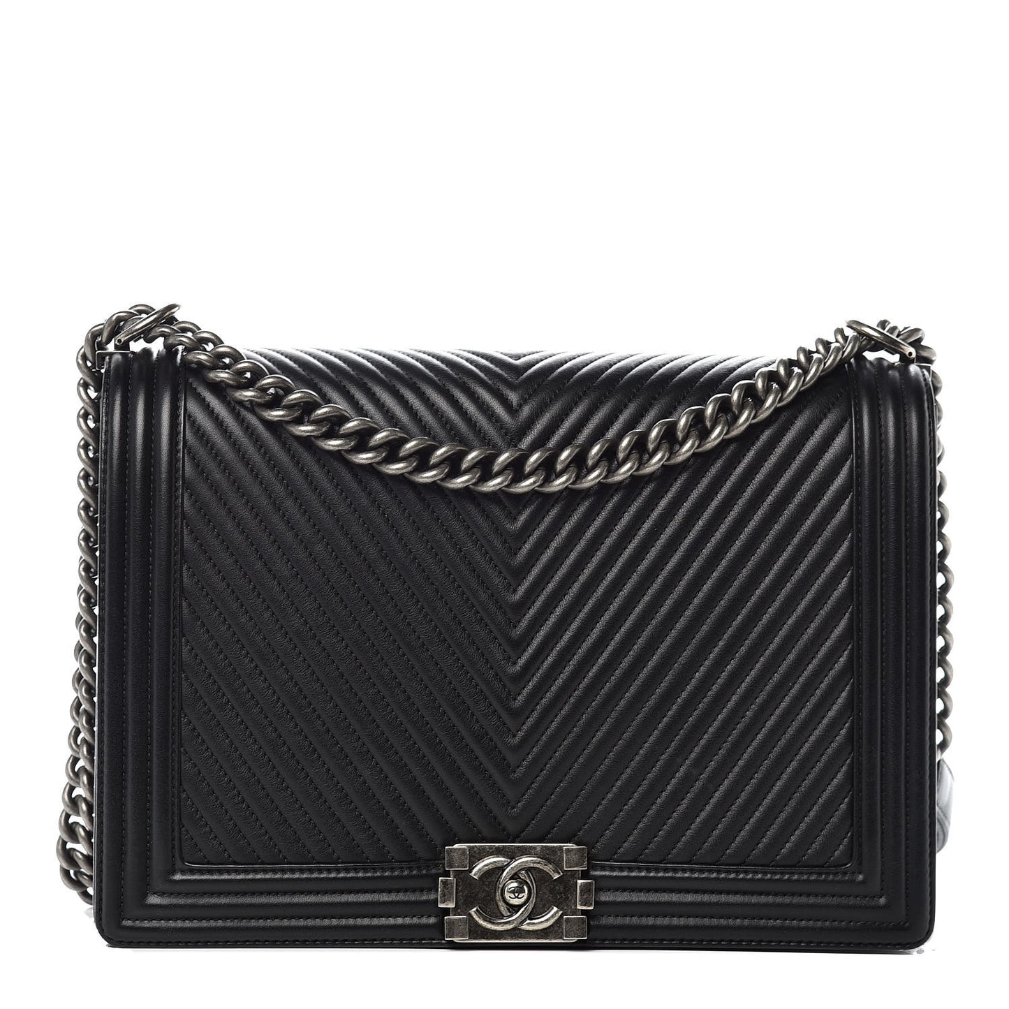 Calfskin Chevron Quilted Large Boy Flap Black