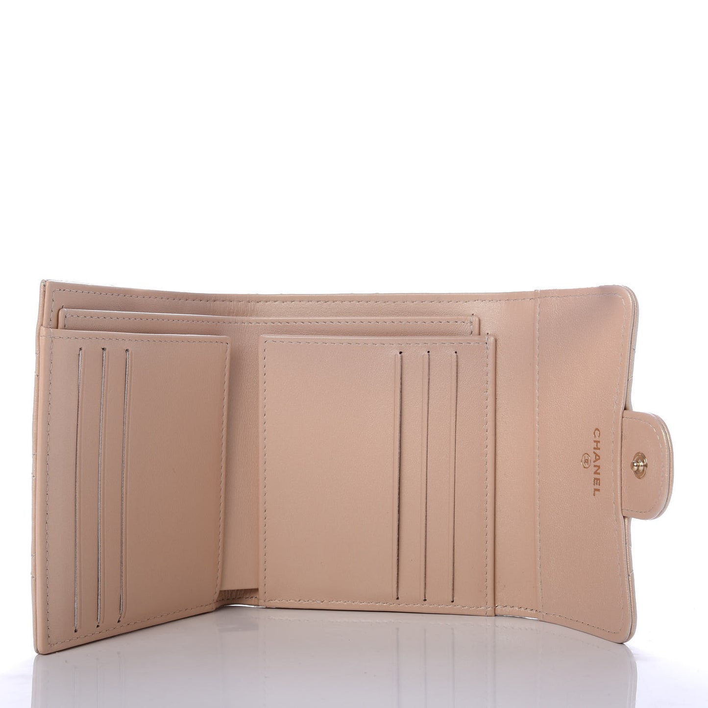 Iridescent Calfskin Quilted Compact Flap Wallet Beige
