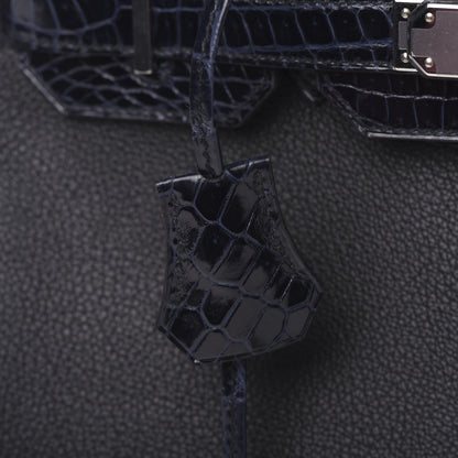 Hermes Taurillon Novillo Shiny Niloticus Crocodile Birkin Touch 30 Black Bleu Marine 10 of 38