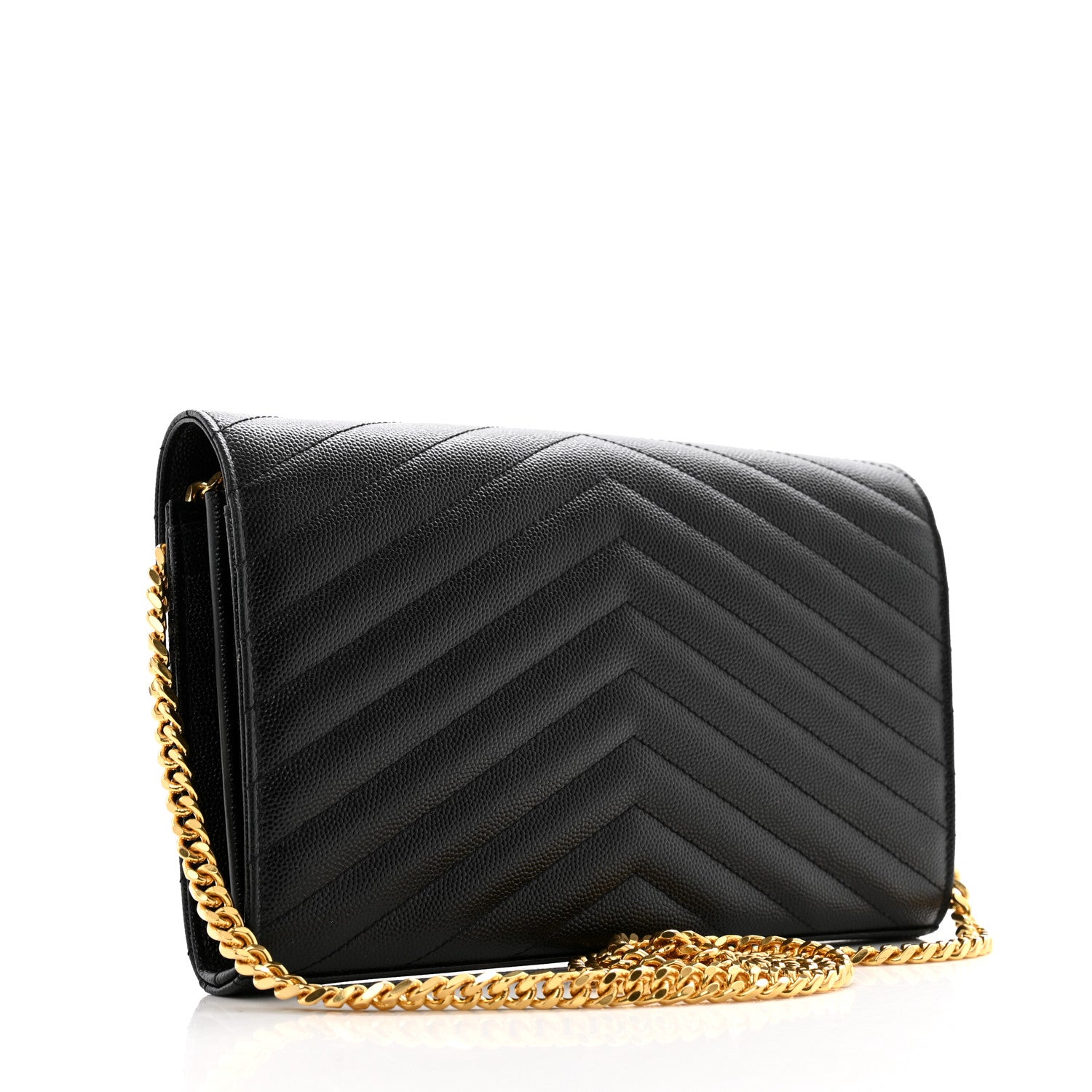 Saint Laurent Grain De Poudre Matelasse Chevron Monogram Chain Wallet Black 3 of 11