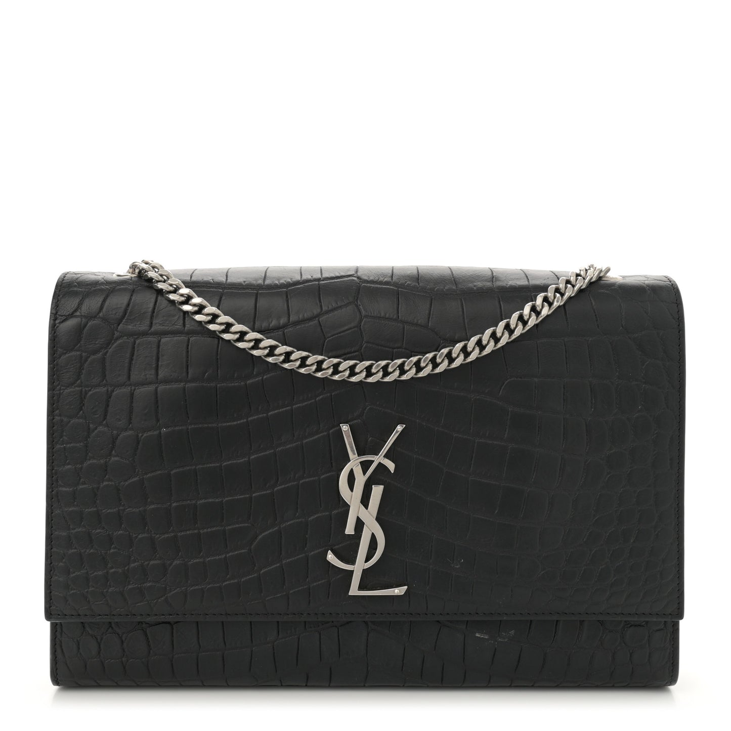 Calfskin Crocodile Embossed Large Classic Monogram Kate Satchel Black