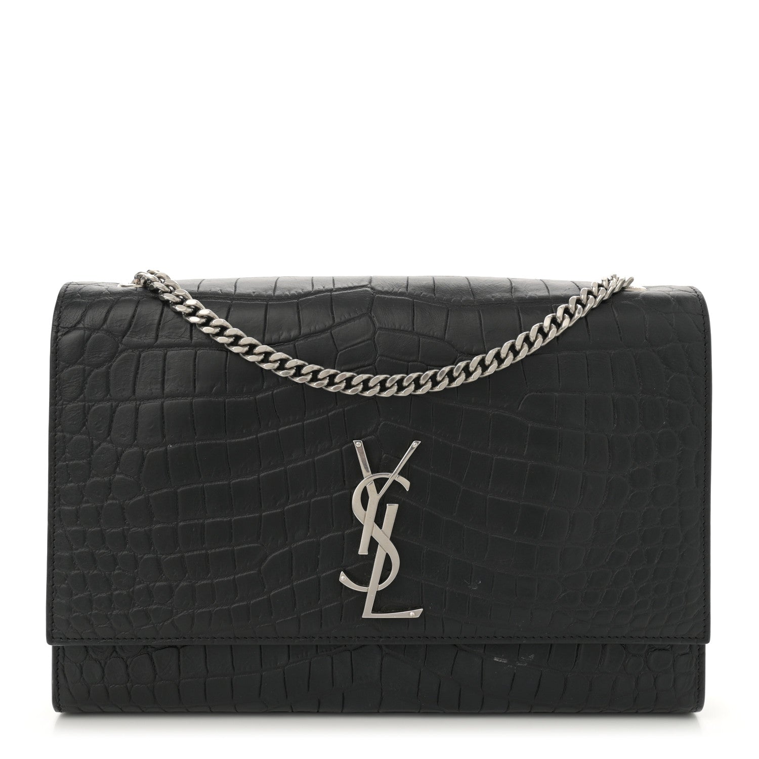 Saint Laurent Calfskin Crocodile Embossed Large Classic Monogram Kate Satchel Black 1 of 15