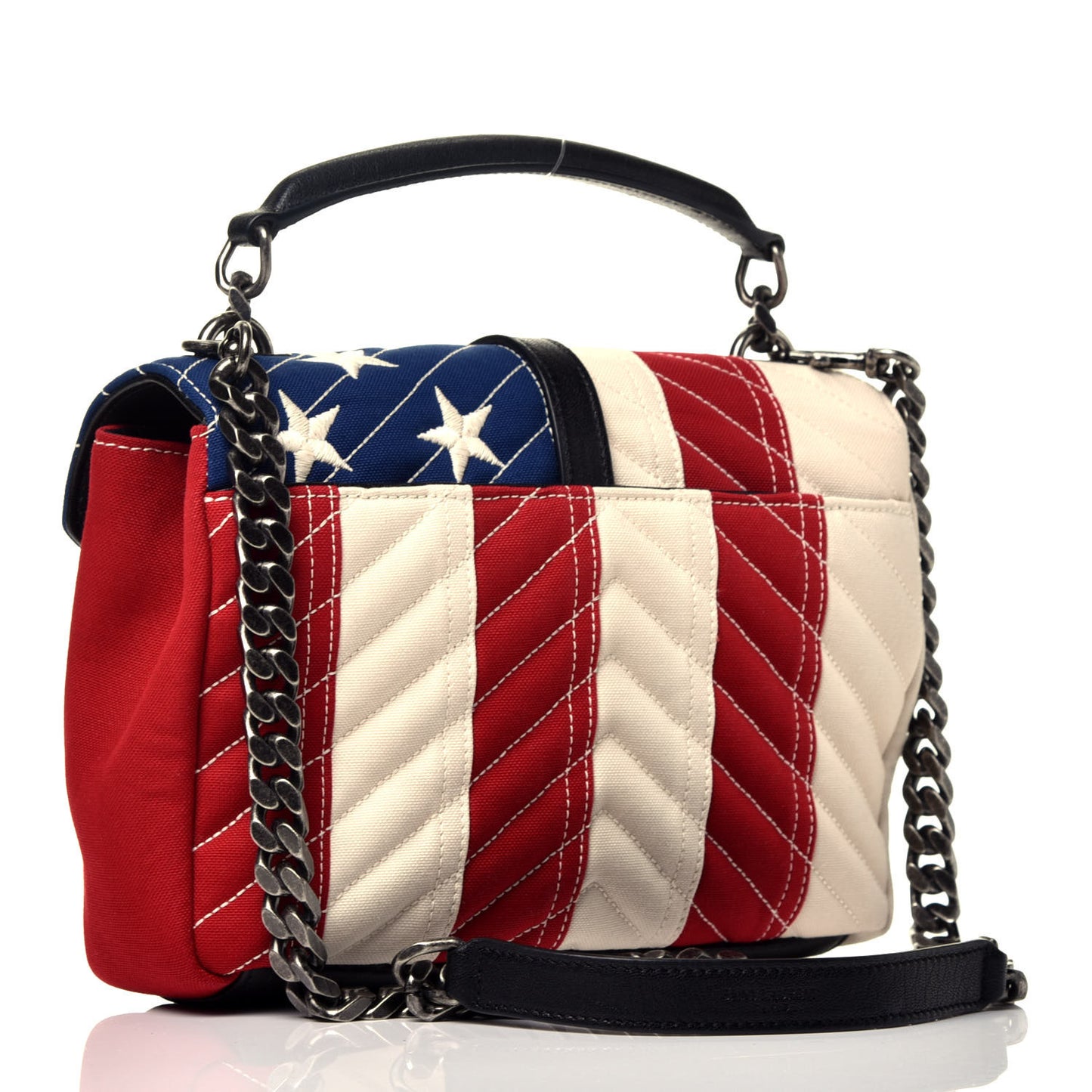 Canvas Matelasse Chevron American Flag Monogram Medium College Bag Red Blue