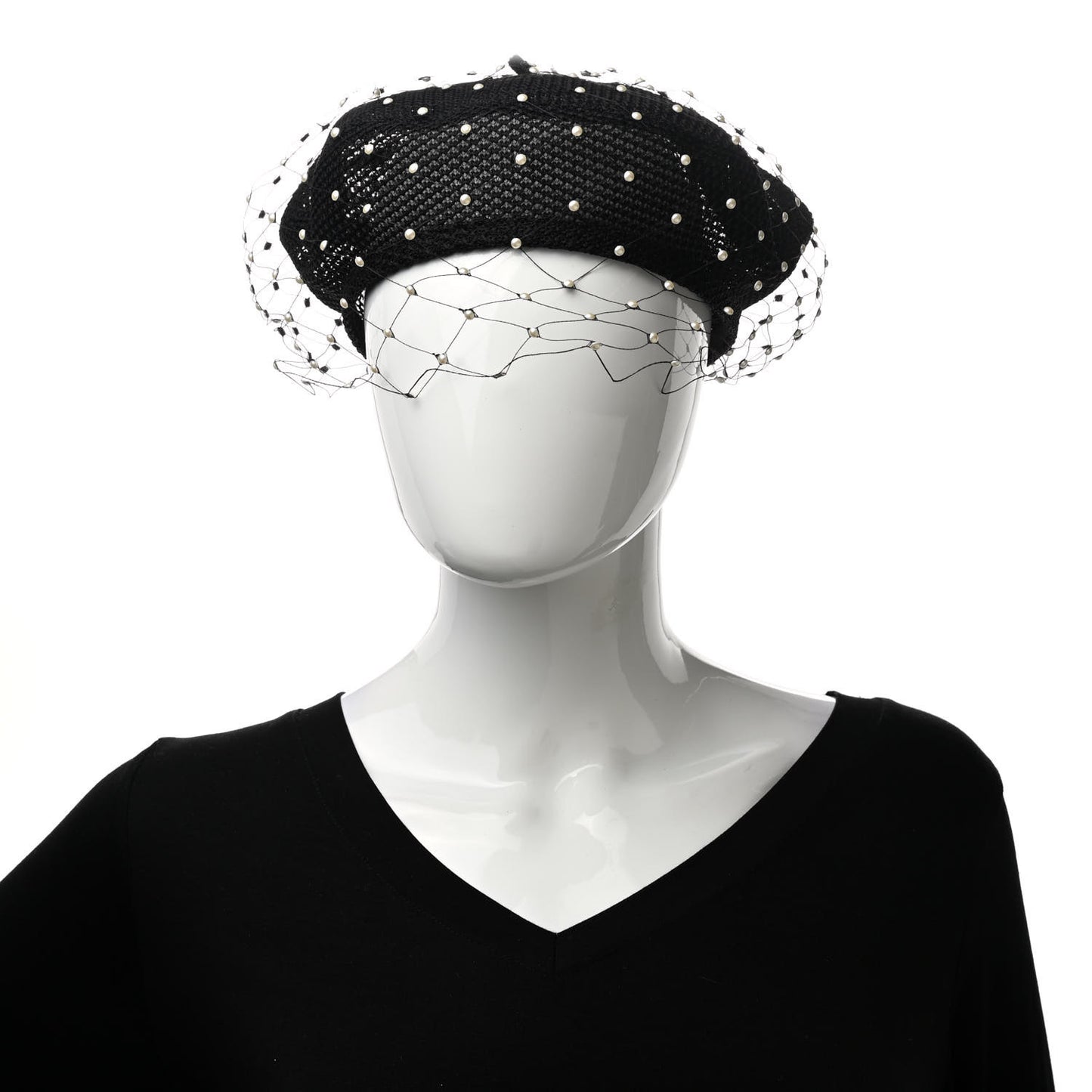 Polyester Nylon Pearl Beret with Veil Black