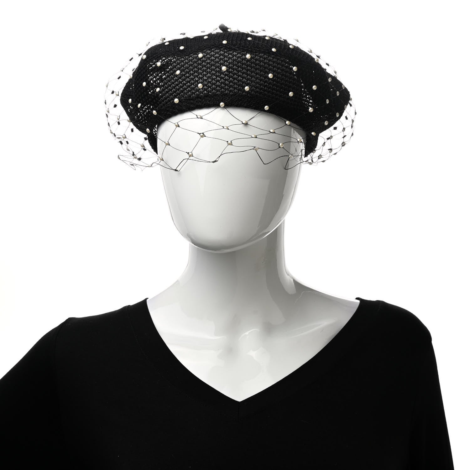 Christian Dior Polyester Nylon Pearl Beret with Veil Black 3 of 8