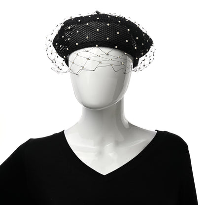 Christian Dior Polyester Nylon Pearl Beret with Veil Black 3 of 8