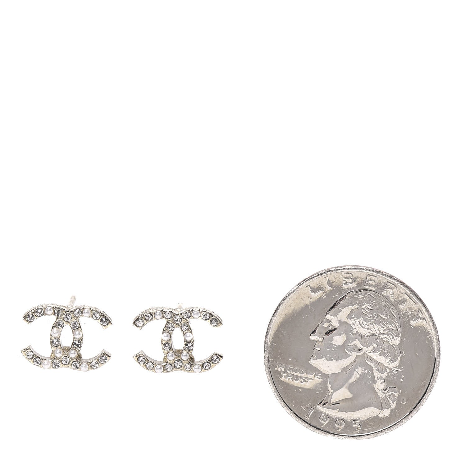 Chanel Pearl Crystal CC Stud Earrings Gold 2 of 4