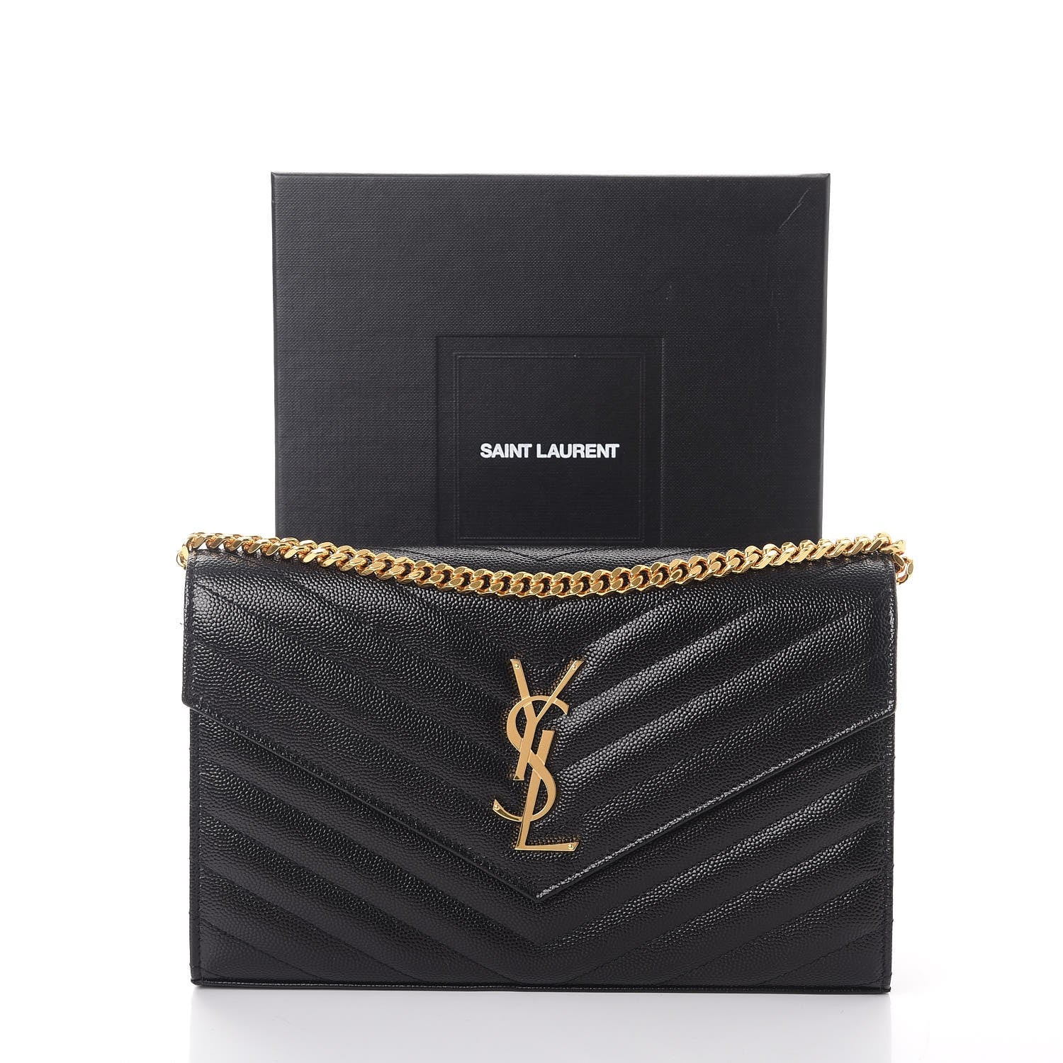 Saint Laurent Grain De Poudre Matelasse Chevron Monogram Chain Wallet Black 9 of 9