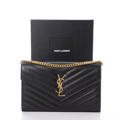 Saint Laurent Grain De Poudre Matelasse Chevron Monogram Chain Wallet Black 9 of 9