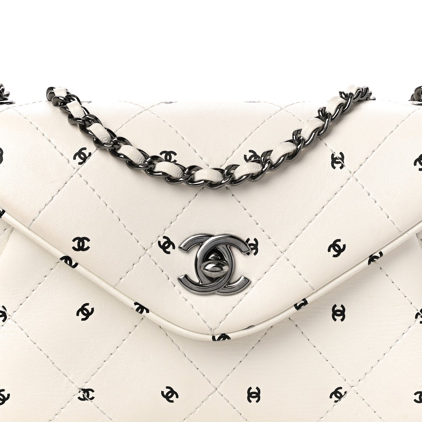 Printed Lambskin Logo CC Envelope Clutch With Chain White