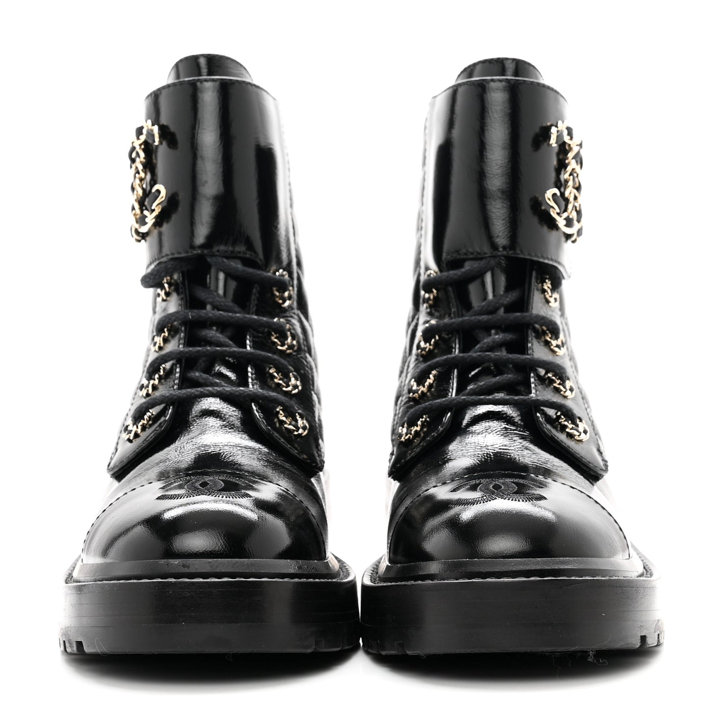 Shiny Calfskin Quilted Lace Up Combat Boots 36 Black