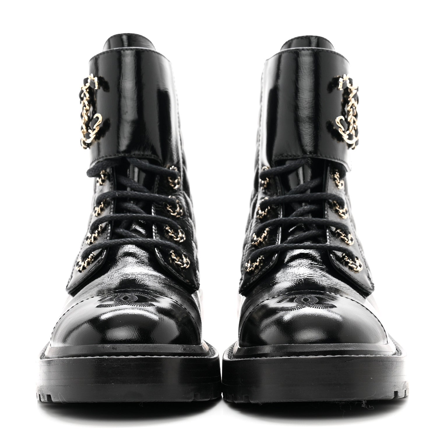 Chanel Shiny Calfskin Quilted Lace Up Combat Boots 36 Black 2 of 11