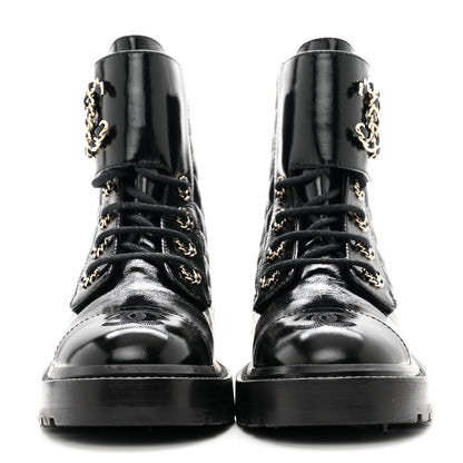 Chanel Shiny Calfskin Quilted Lace Up Combat Boots 36 Black 2 of 11