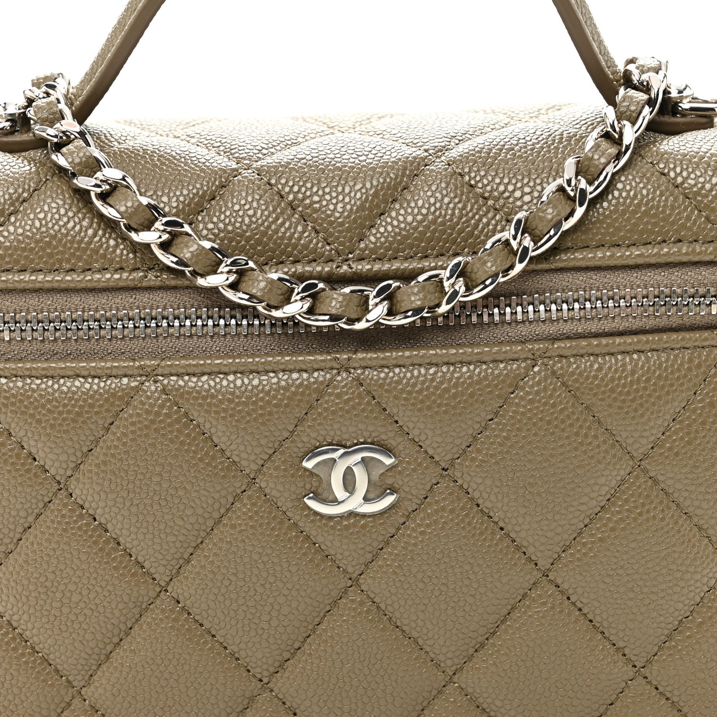 Caviar Quilted Top Handle Slim Vanity With Chain Dark Khaki