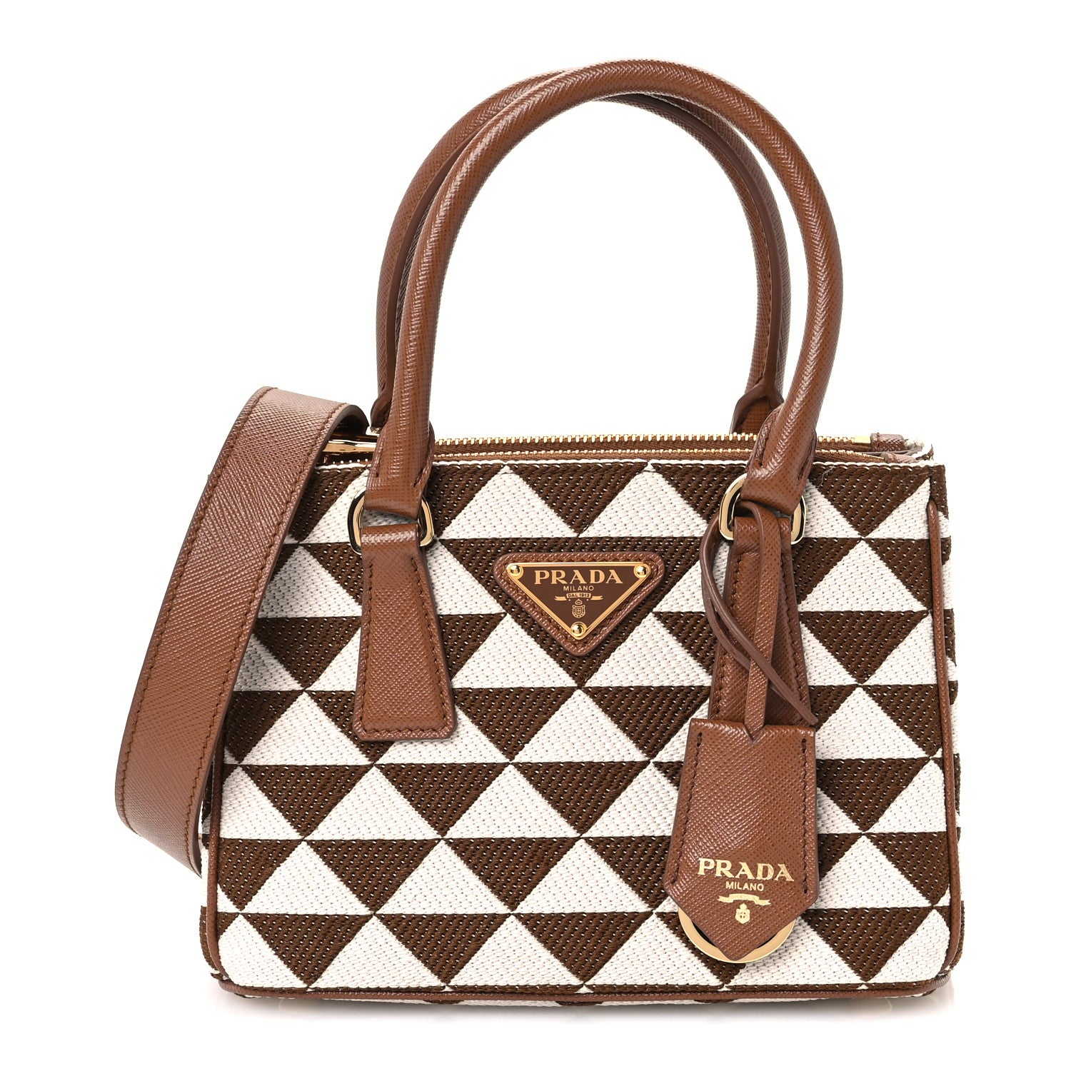Prada Jacquard Saffiano Triangolo Symbole Embroidered Mini Galleria Double Zip Tote Tabacco Talco 1 of 10
