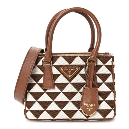 Prada Jacquard Saffiano Triangolo Symbole Embroidered Mini Galleria Double Zip Tote Tabacco Talco 1 of 10