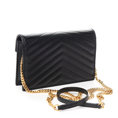 Saint Laurent Grain De Poudre Matelasse Chevron Monogram Envelope Chain Wallet Black 2 of 10