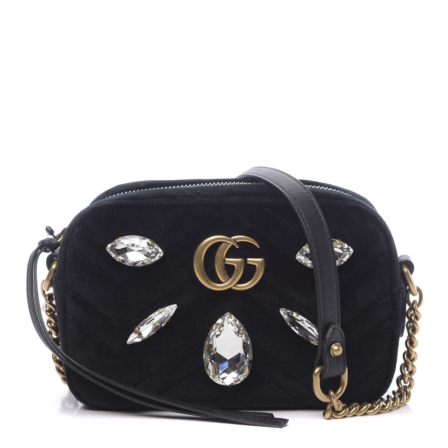Gucci Velvet Matelasse Marquise Crystals Mini GG Marmont Chain Shoulder Bag Black 1 of 10